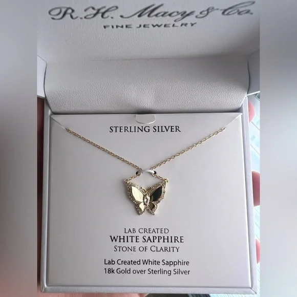 NWT White Sapphire 18 Butterfly Pendant Necklace 14k Gold-Plated Sterling Silver - Picture 4 of 6